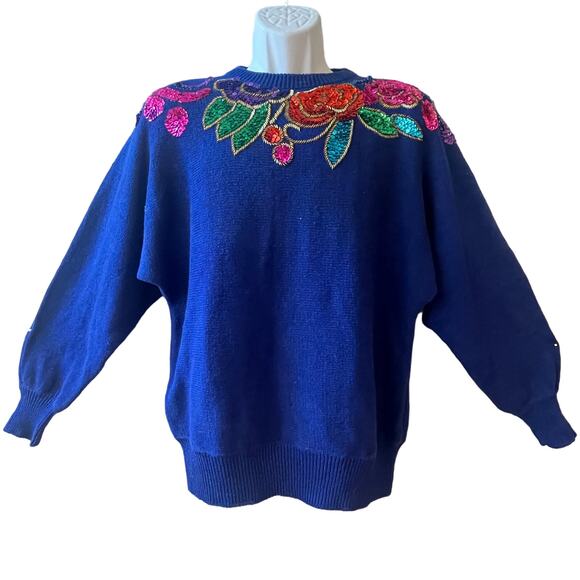 VINTAGE 80s Clyde Sequined Batwing Sweater Size Medium - Picture 1 of 5